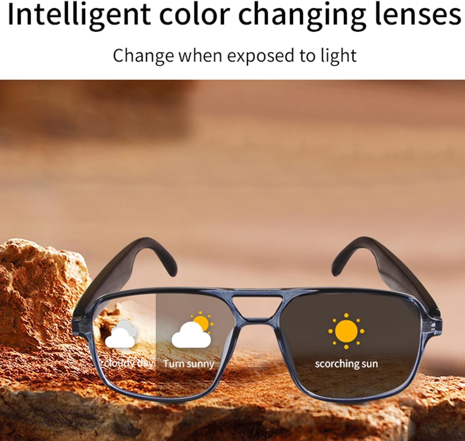 Smart Glasses Bluetooth Glasses Photochromic Lenses with Voice Assistant Open Ear Speaker Call Up for Outdoor Activities