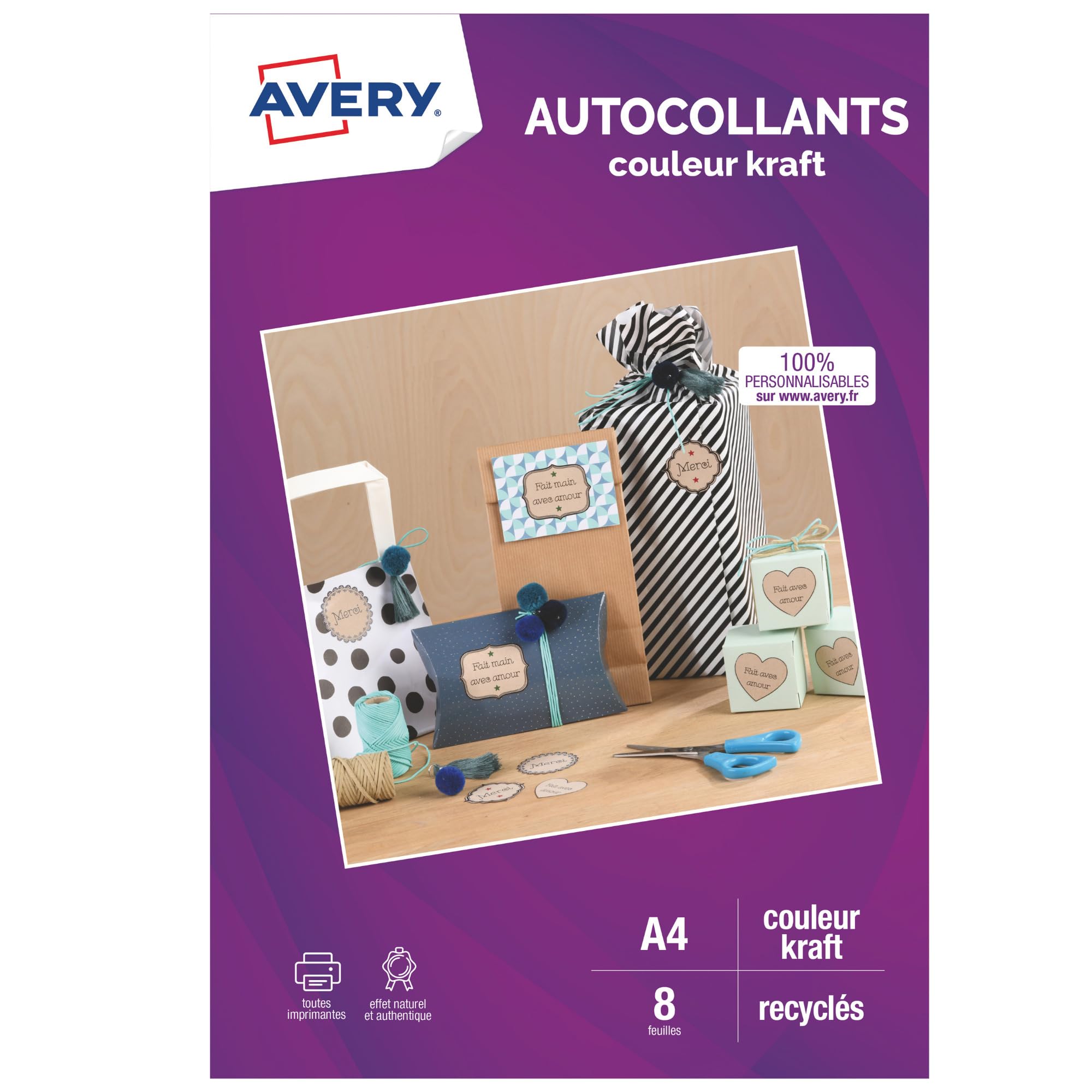 AVERY - 8 Étiquettes Kraft Autocollantes Personnalisables - 100% Recyclées - Format 289,​1 x 199,​6 mm - Impression Jet d'Encre