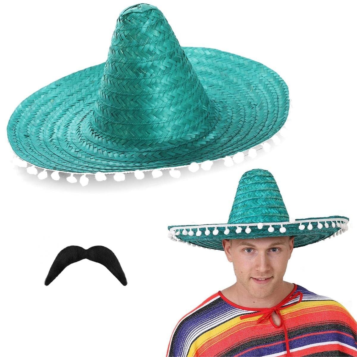 I LOVE FANCY DRESS Sombrero Accessory Set - Pack of 48 - Green Sombrero with White Pom Poms and Mexican Moustache - Accessories for Fiesta Parties Unisex