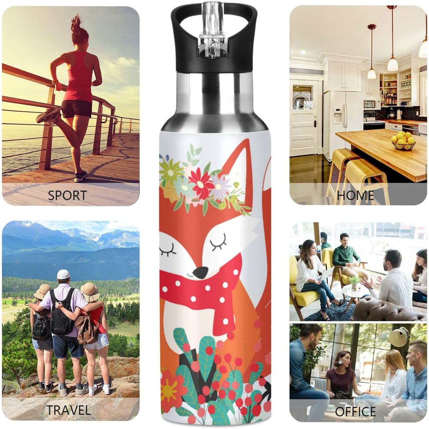 Fox Water Bottle Girls Kids Insulated Stainless Steel Hot Cold Water Flask Jug with Straw Lid for Sports Gym Running 20 oz - Image 6
