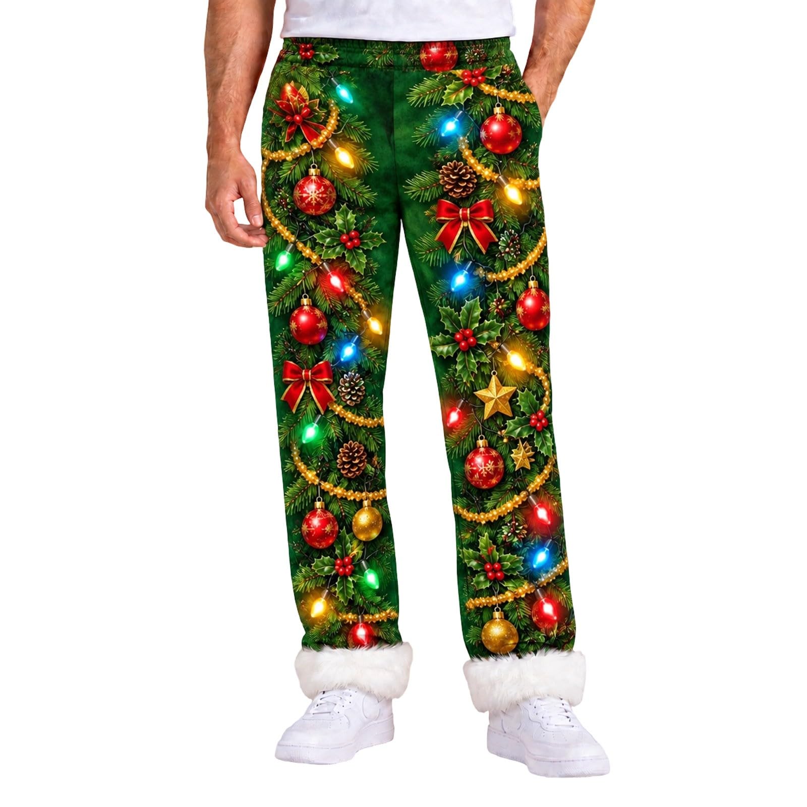 Christmas Costume Pants for Men Green Flannel Xmas Holiday Trousers with Pl