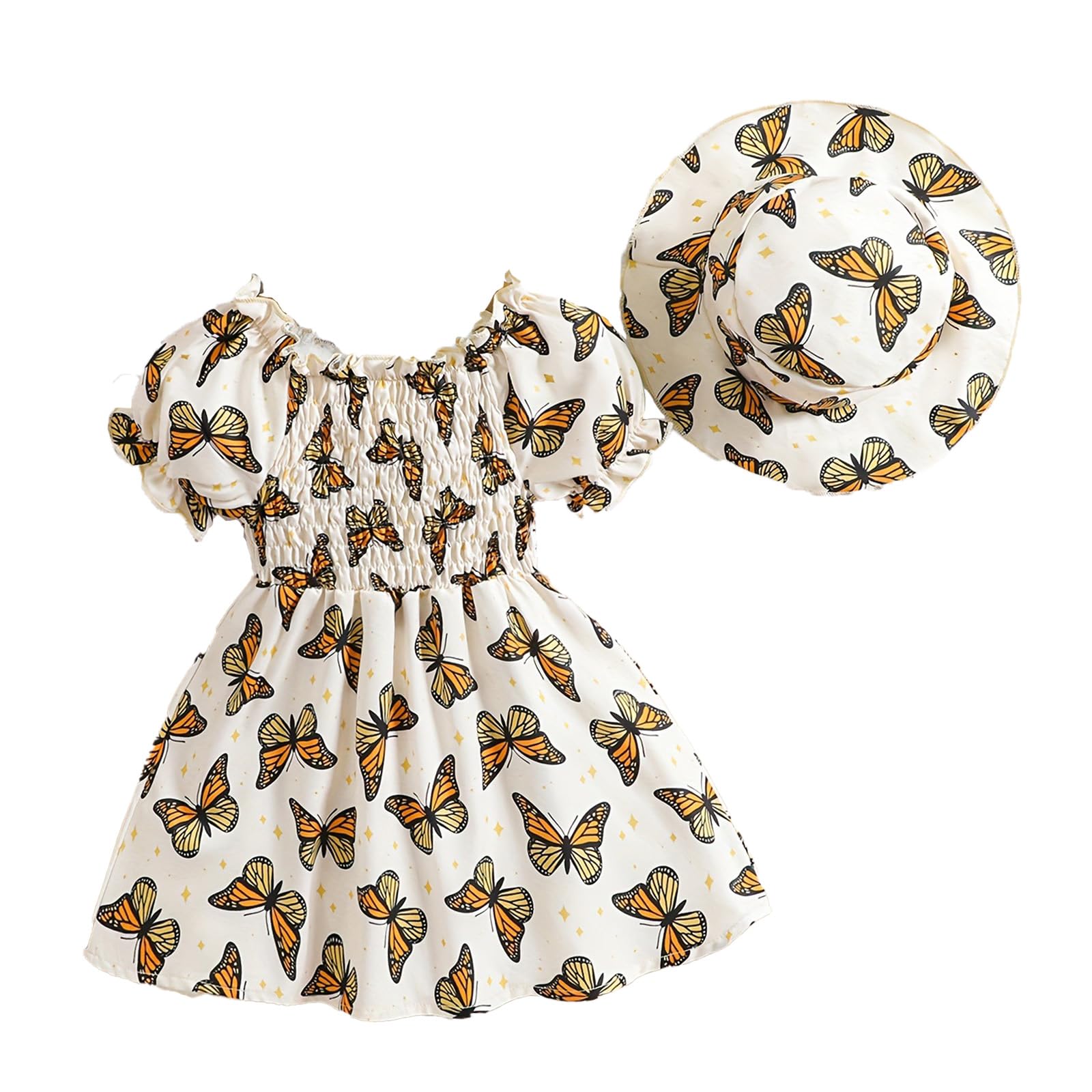 Bebé Niña Elegante Vestido Manga Corta Infantil Flor Imprimir Sombrero a Juego Conjunto Vestidos de Playa Verano 3 Meses-3 Años