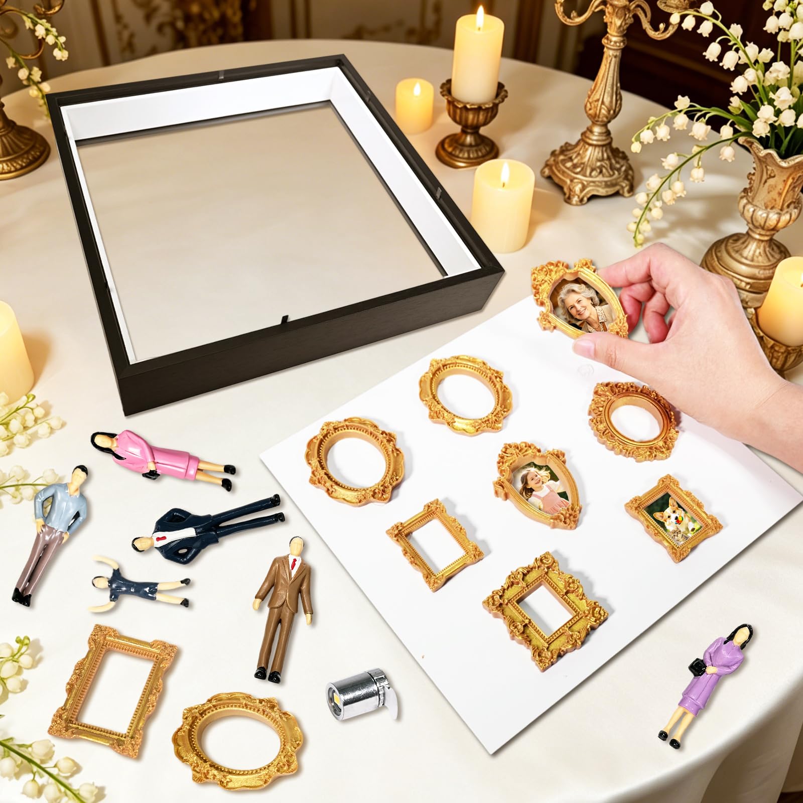 Mini boîte de silhouettes de musée DIY avec LED, mini cadre photo vintage, Shadow Box, ensemble de cadres photo avec 8 mini cadres dorés, 8 figurines pour anniversaire, mariage (noyer noir)