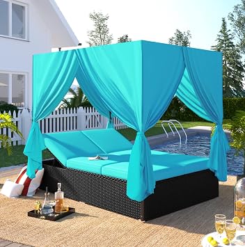 Patio Chaise Lounge Daybed with Canopy, PE Rattan Outdoor Wicker Sunbed with 5-Position Adjustable Backrest, Curtains and Cushions, Patio Lounge Bed for Backyard Garden Poolside