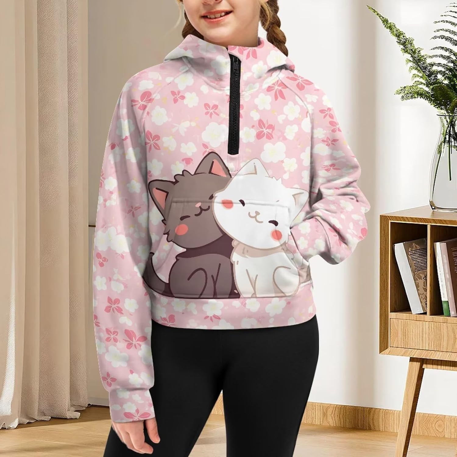 1/2 Zip Raglan Hooded Sweatshirt for Girls Loose Hoodie with Kangaroo Pocket Crop Pullover Tops for 5-14 Years