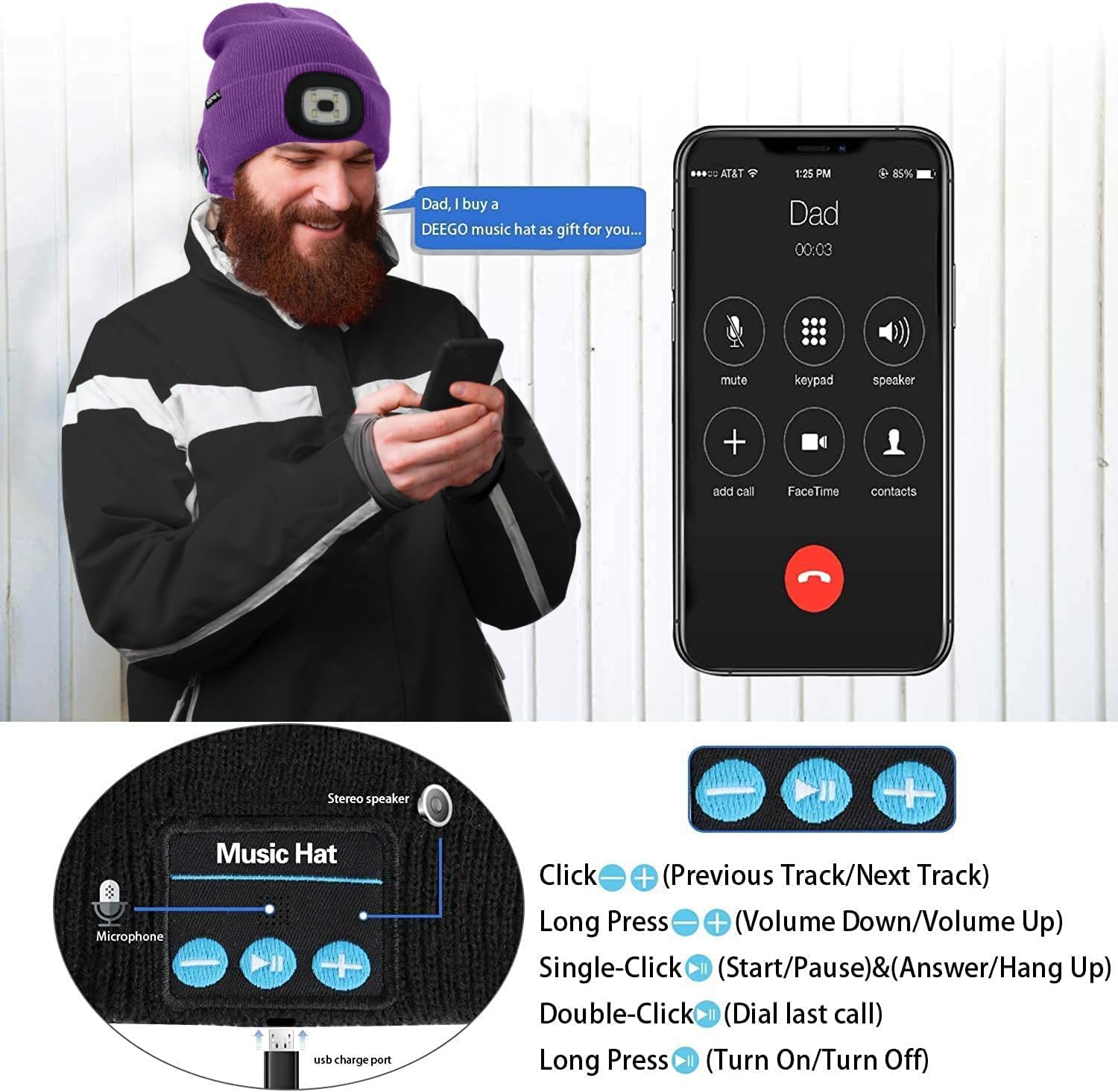 ATNKE LED Lighted Bluetooth Beanie Hat,USB Rechargeable 4 LED Wireless Music Running Headlamp Cap Gift for Men and Women