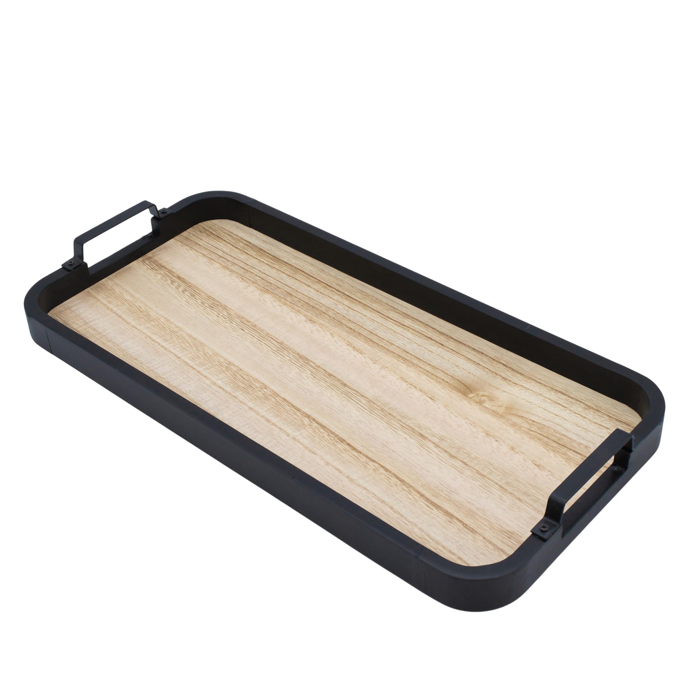 Bandeja decorativa de metal en negro con asas – 40 cm x 20 cm – Bandeja rectangular con base en aspecto de madera – Placa decorativa para mesa, velas, tabla de Navidad