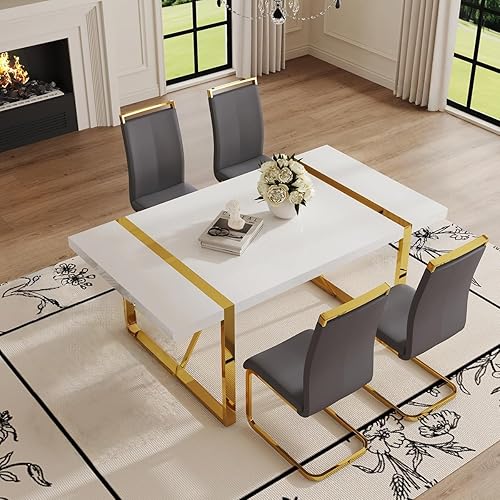 Miniatura 36 de Moderno juego de mesa de comedor para 4, juego de mesa de comedor dorado de 55 pulgadas con 4 sillas de piel sintética negra, mesa de madera negra