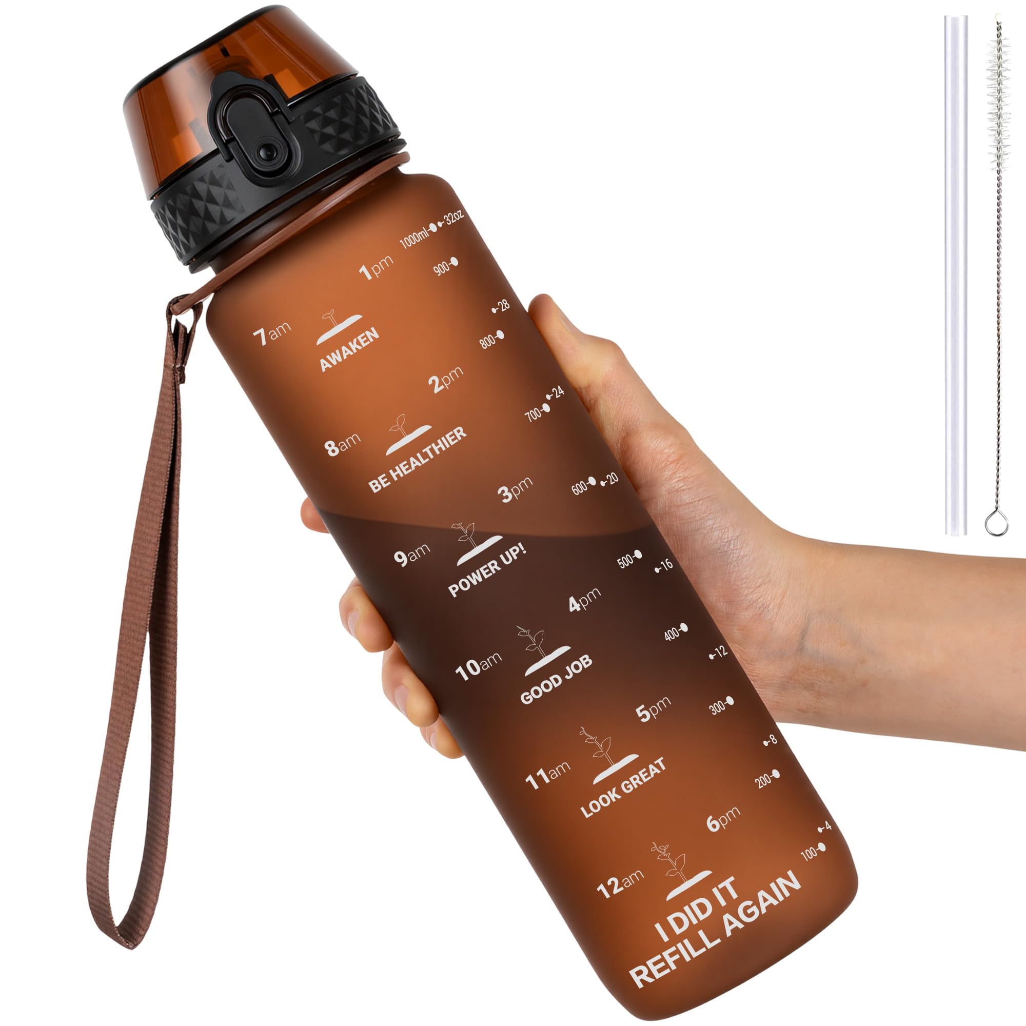 GOPPUS 1L/32oz Tritan Water Bottle with Straw-Soft Matte Finish Leakproof Drink Bottle with Measurements Bottles with Flip Top Motivational Bottles with Time Marks for Adults BPA Free (Brown)