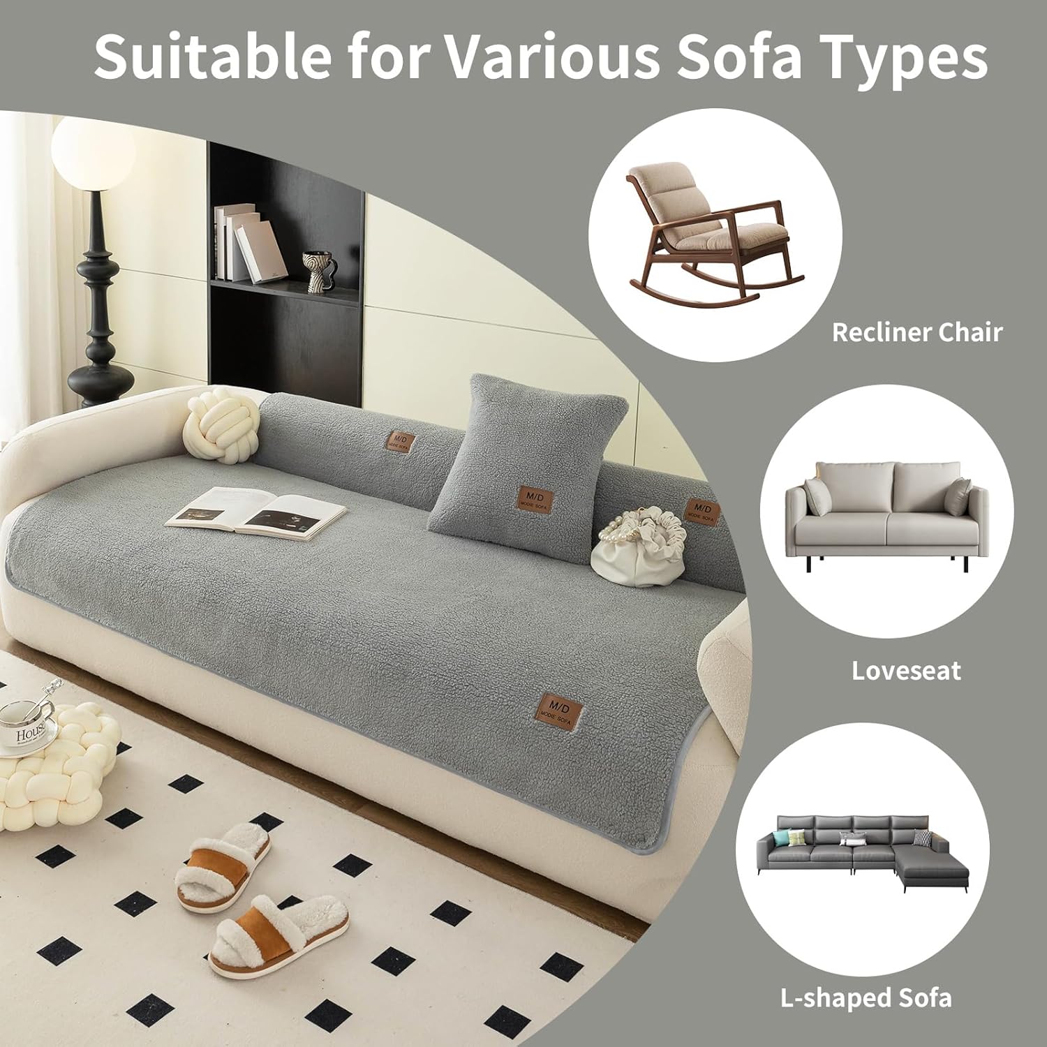 Sherpa Fleece Sofa Cover, Plush Sherpa Fleece Sofa Couch Covers, Funny Fuzzy Couch Covers, Sectional Non Slip Sofa Slipcover Furniture Protector for Pets, Light Grey(36"x 83"), Only 1 Pcs