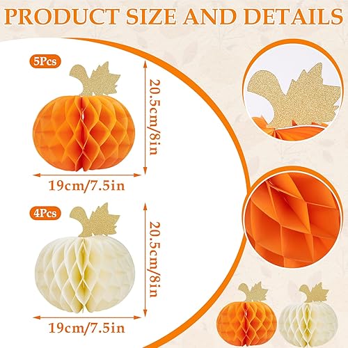 Miniatura 3 de 9 piezas de decoración de calabaza, centros de mesa de calabaza de panal de otoño para mesas, decoraciones de fiesta de calabaza para Halloween,