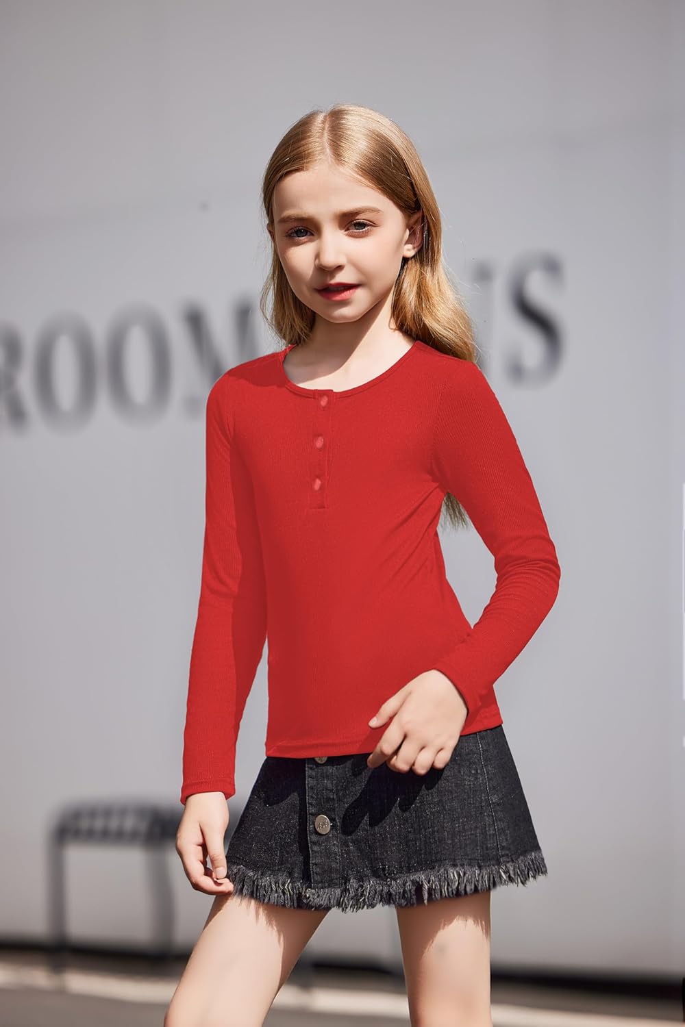 Arshiner 2 Pack Girls Long Sleeve Henley T Shirts Button Down Slim Fit Tops Round Neck Ribbed Knit Shirts - Image 2