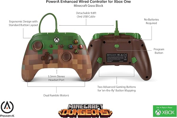 PowerA, controller cablato avanzato, design con blocco d'erba del videogioco Minecraft - 2