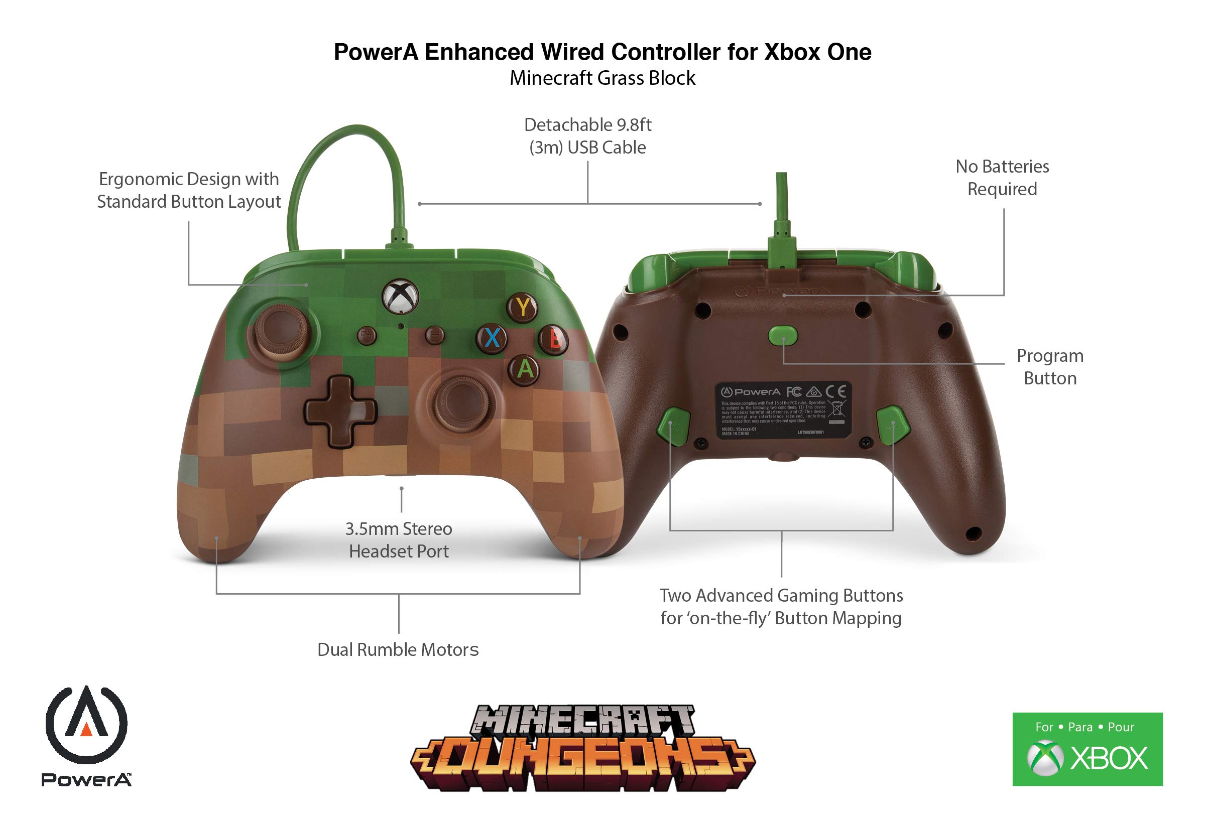 PowerA, controller cablato avanzato, design con blocco d'erba del videogioco Minecraft - 3
