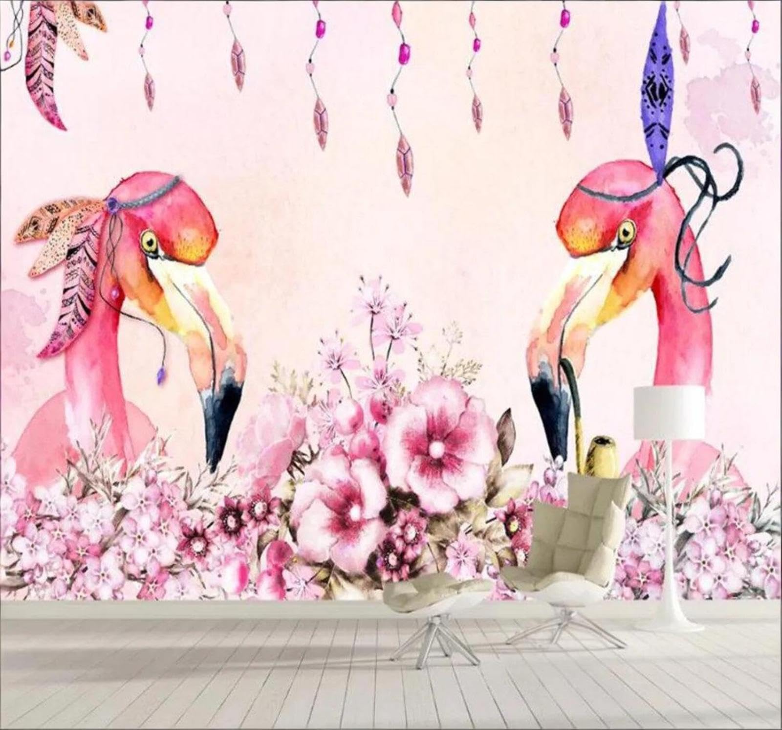 Tzxztt 400Cm×280Cm(B×H) Warm Hand Painted Watercolour Flamingo Floral Modern 3D Wallpaper Premium Textured Silk Neutral Tones Material Ideal For Living Room Bedroom-400Cm×280Cm