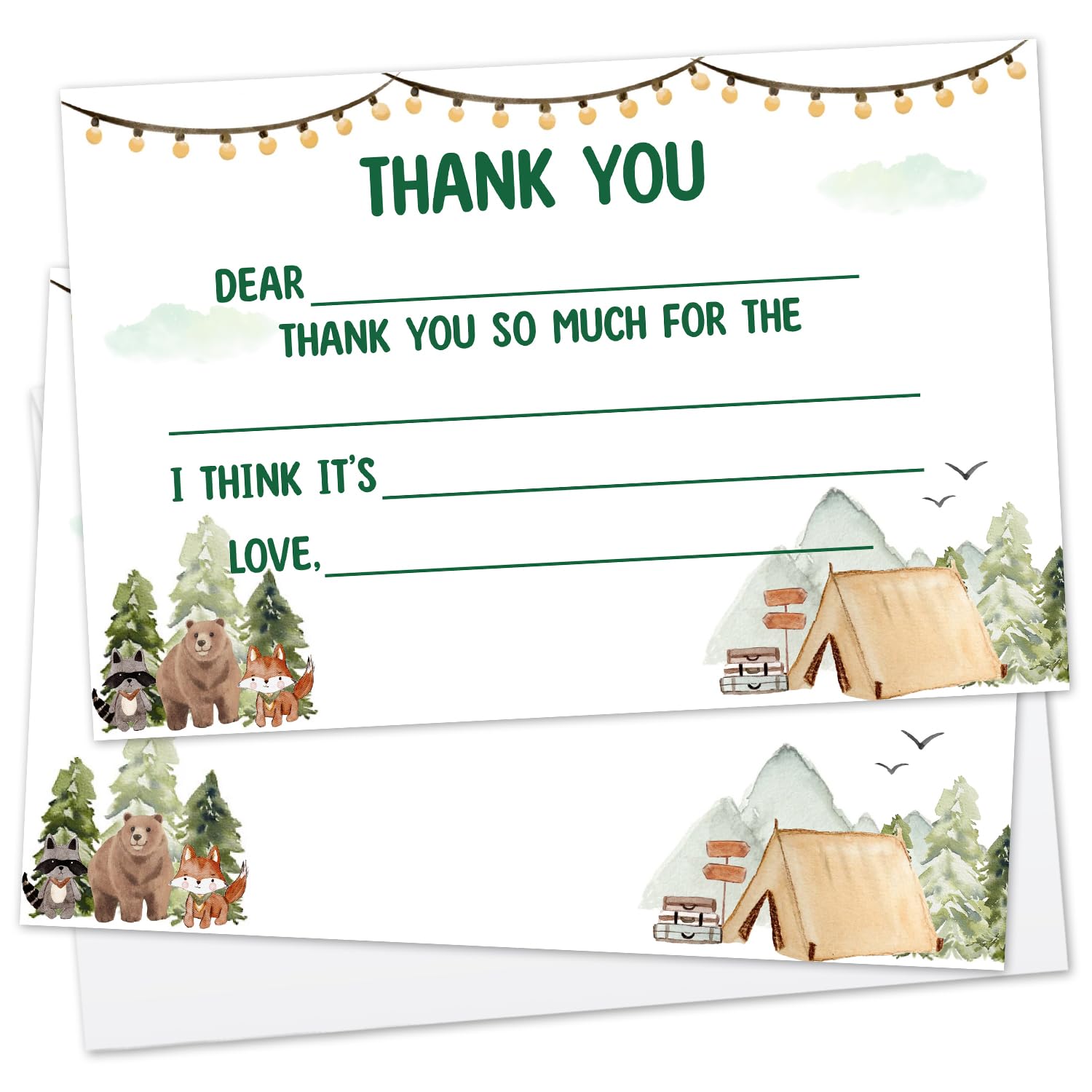 Tarjetas de agradecimiento para fiestas de campamento para niños, rellenas en blanco, 20 tarjetas de agradecimiento del bosque para niños y adolescentes, cumpleaños, graduación, fiesta, notas