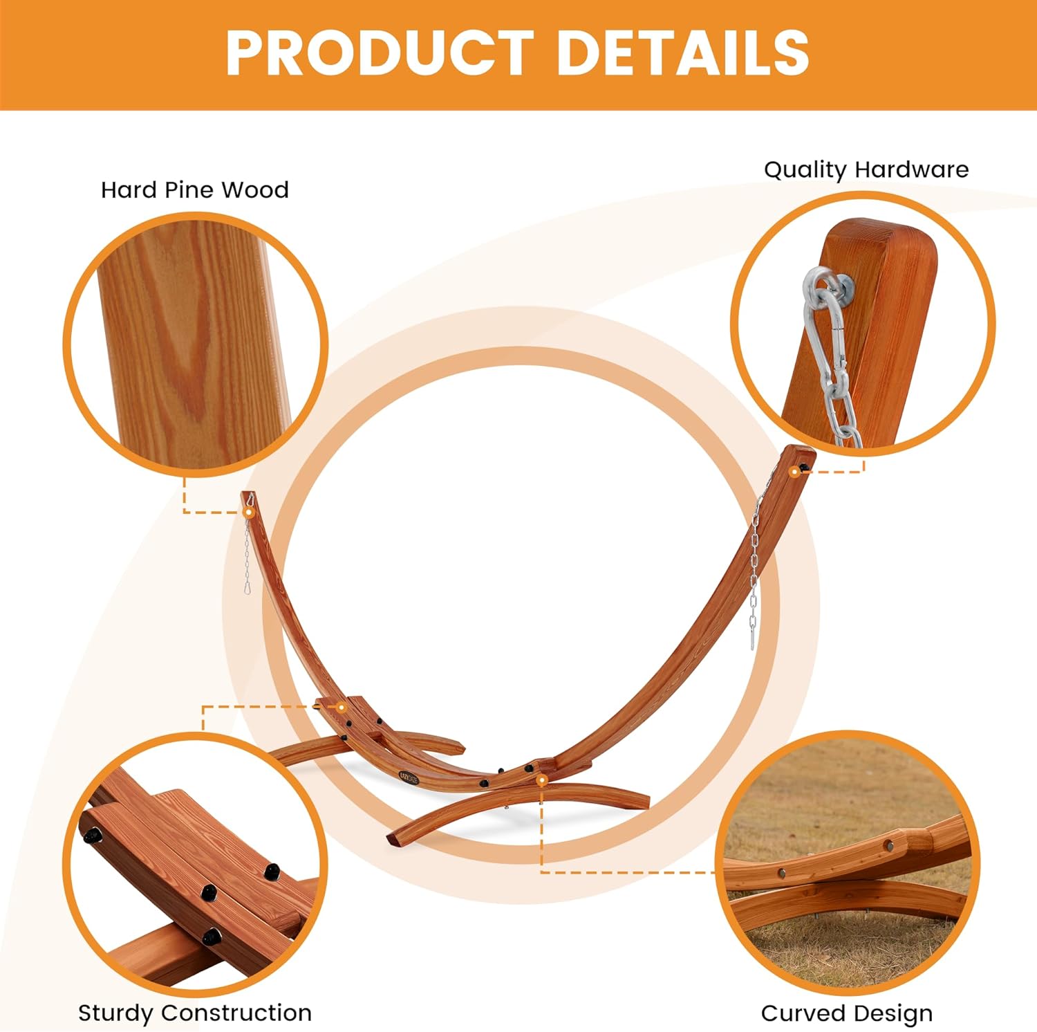Lazy Daze 12FT Sunbrella Fabric Hammock with 13FT Wood Arc Stand, Free Pillow Fits for Two Persons, All Weather and Fade Resistant for Patio Yard, 450 lbs Weight Capacity, Token Surfside