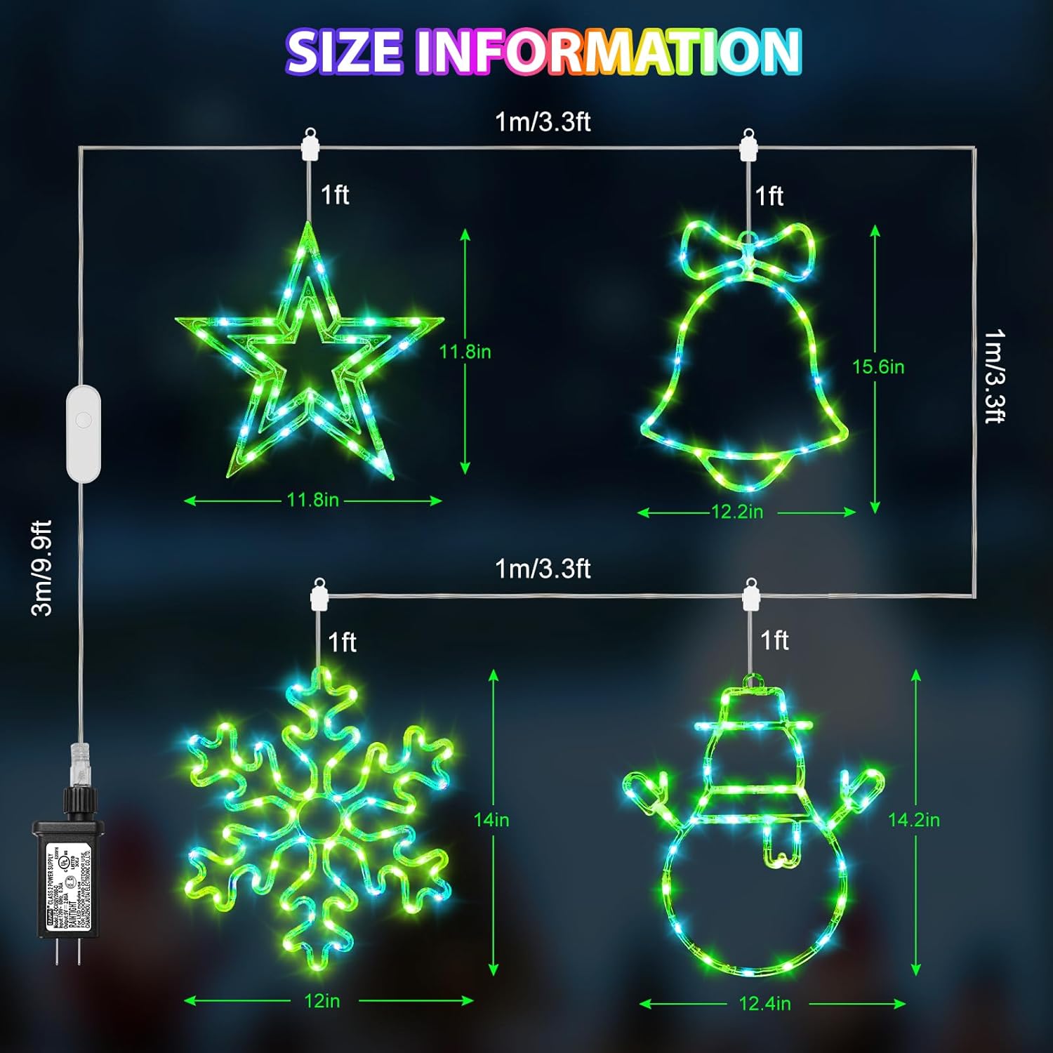 4 Pack Christmas Window Silhouette Lights, Smart Christmas Decorations Colour Light Gift, APP Control Snowman, Snowflake, Bell, Five Pointed Star for Holiday Indoor and Outdoor Wall Window Decorate
