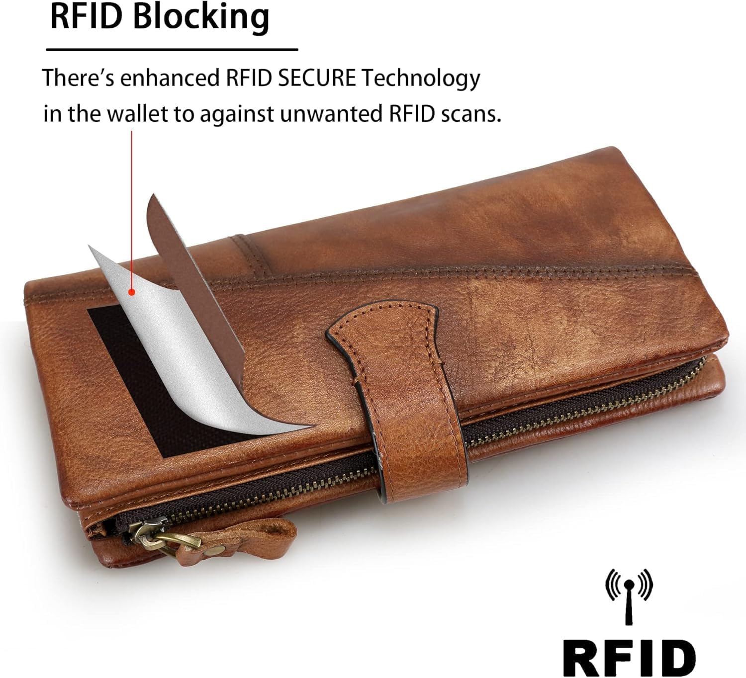 RFID Blocking Genuine Leather Wallet Vintage Hand Rubbing Organizer with Clasp Closure (Brown)