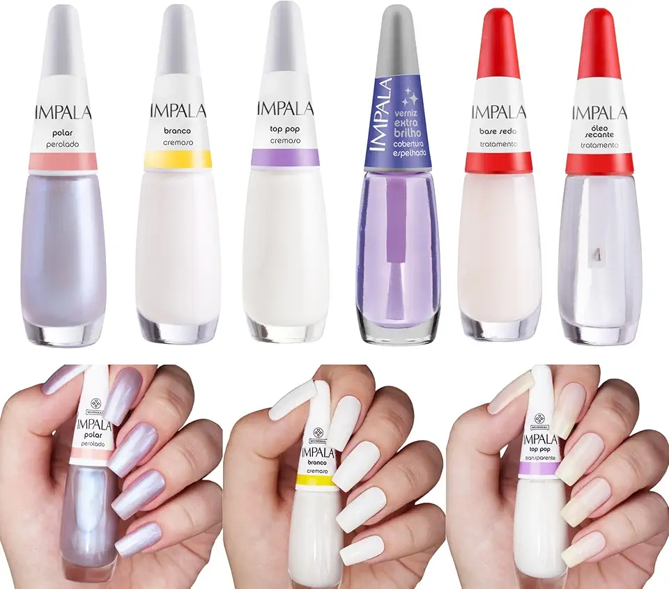 Kit Esmaltes Impala Tons de Branco + Verniz Extra Brilho + Base Seda + Óleo Secante (Kit Completo)