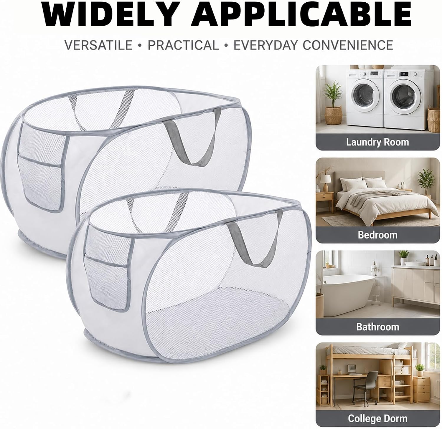 2-Pack Mesh Pop Up Laundry Hamper with Side Pocket, Grey