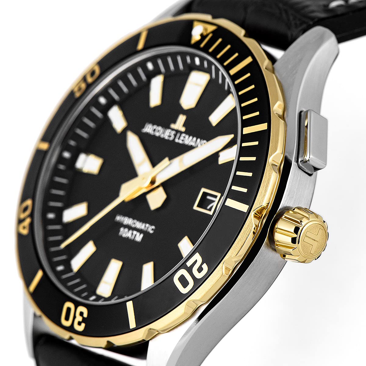 JACQUES LEMANS Zegarek męski, Hybromatic zegarki męskie, chronograf z masywnej stali nierdzewnej z silikonową skórzaną bransoletką, model 1-2131