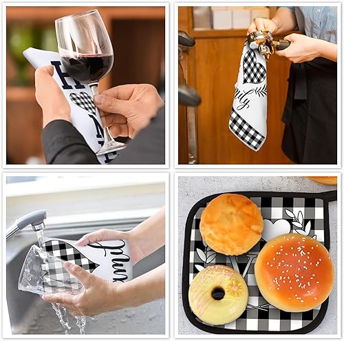 Miniatura 7 de Juego de 5 toallas de cocina a cuadros de búfalo, guantes de horno y soporte para ollas, toallas de cocina en blanco y negro, guantes de horno y