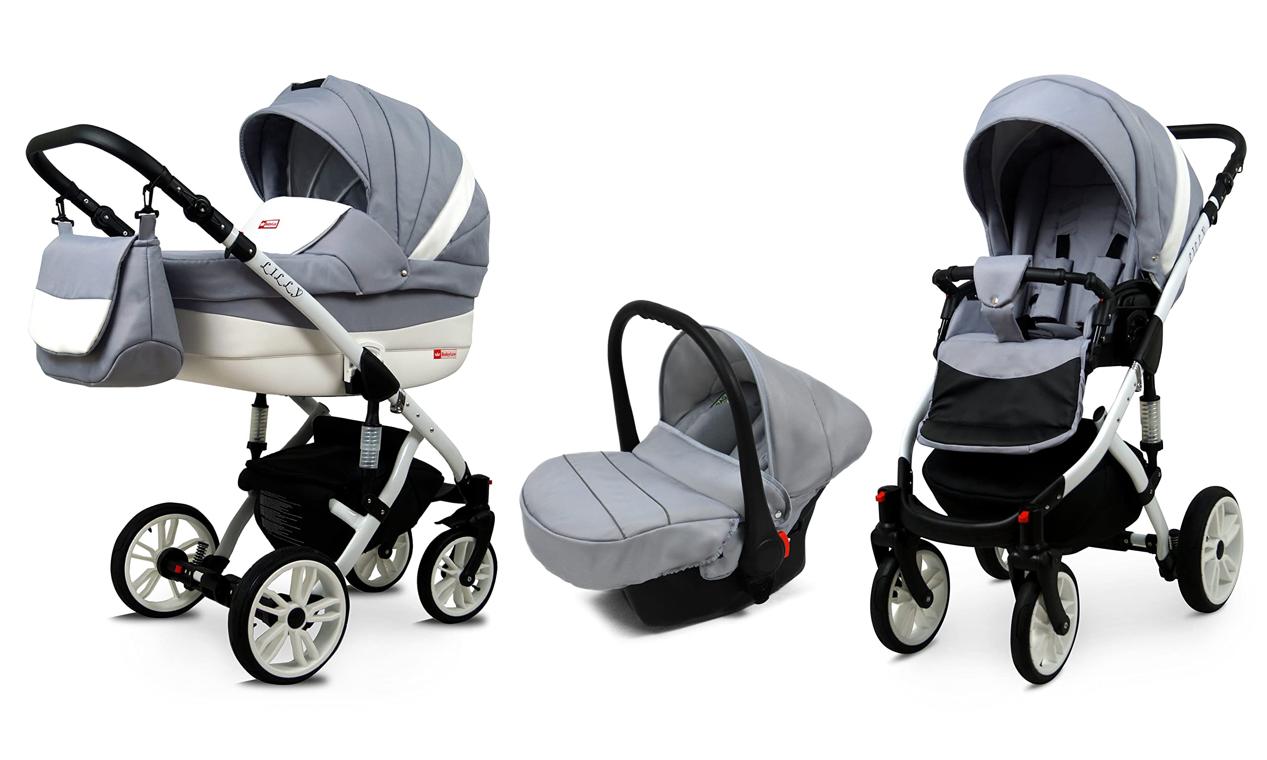 BabyLux Lilly 3 w 1 System Podróżny dla Dziecka | Wóżek + Spacerówka + Fotel Samochodowy z Akcesoriami, Folia Przeciwdeszczowa, Skrętne Koła Żelowe | Srebro