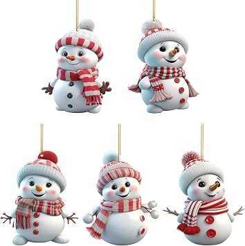5 PCS Small Ideas 2D Snowman Christmas Ornament Mini Xmas Tree Charms Decoration Set with Strings Santa Craft Present Garden House Window Wall Wreath Party Bag Outdoor Hanging Bauble Decor for Girl