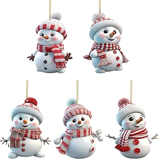 5 PCS Small Ideas 2D Snowman Christmas Ornament Mini Xmas Tree Charms Decoration Set with Strings Santa Craft Present Garden House Window Wall Wreath Party Bag Outdoor Hanging Bauble Decor for Girl