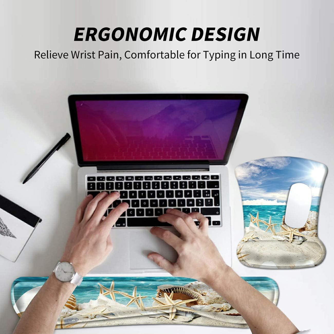 Wrist Rest for Computer Keyboard and Mouse Pad with Wrist Support Gel Seashells Beach Ergonomic Mousepad Memory Foam Comfortable Keyboard Pad Set Non-Slip Base Come with A Cute Coaster