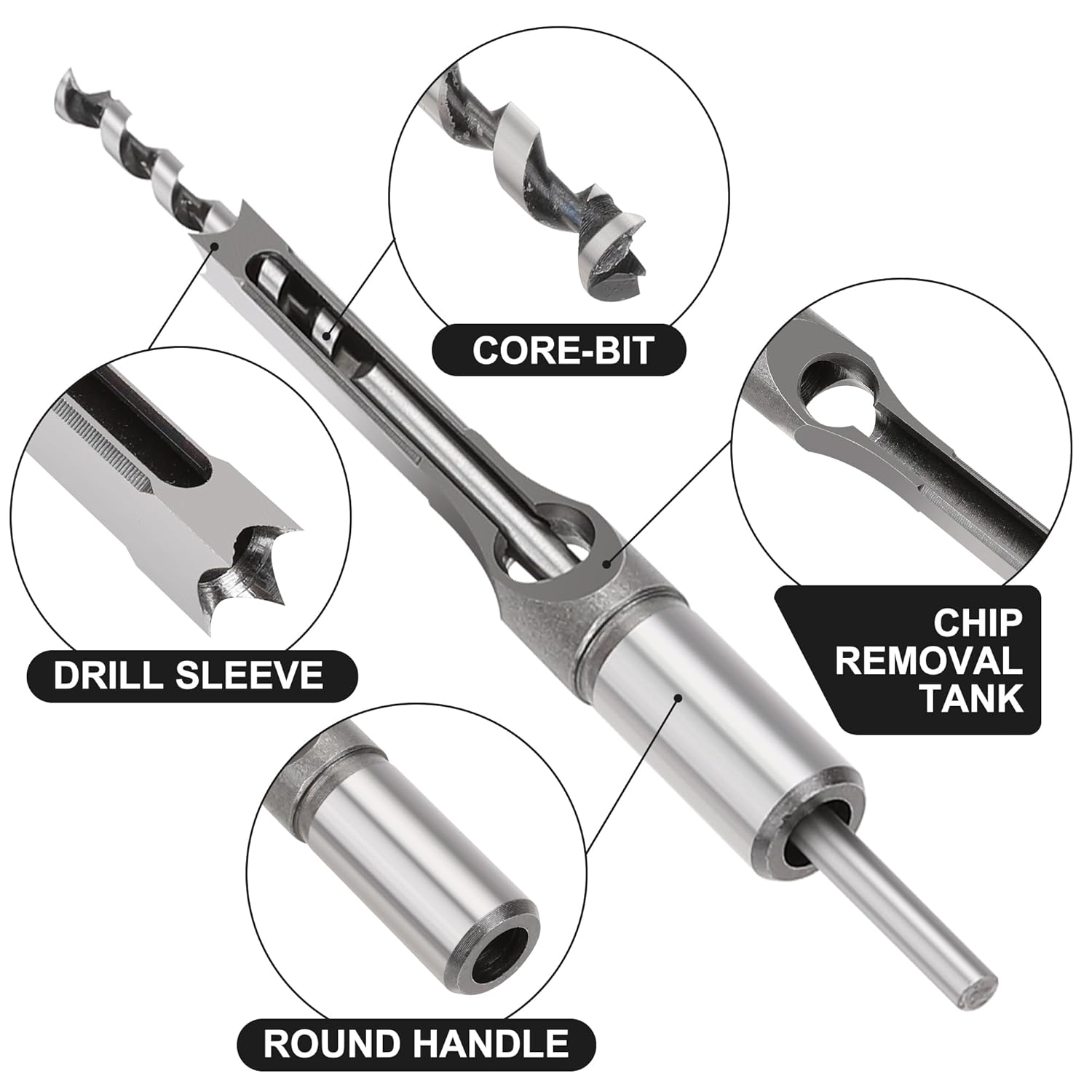 WYNNsky Hole Mortise Chisel Drill Bit Tools, Size 1/4’’ 5/16’’ 3/8’’ 1/2’’ 9/16’’ 5/8’’