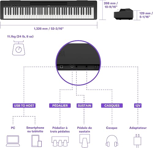 Yamaha P-145 Piano numérique léger et portable avec clavier Graded-Hammer-Compact à 88 touches et 10 voix instrumentales, en noir - 6