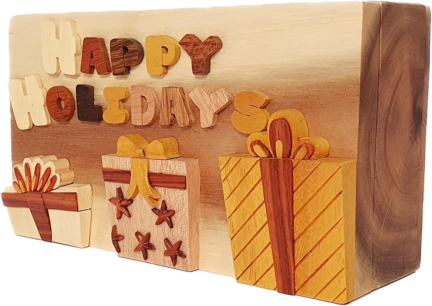 Happy Holidays Hand-Carved Puzzle Box with No Paints! No Stains! Hidden Felt Lined Interior That hides Jewelry, Gift Cards, or Money. No Two Will Ever be Identical! Pet Carvers