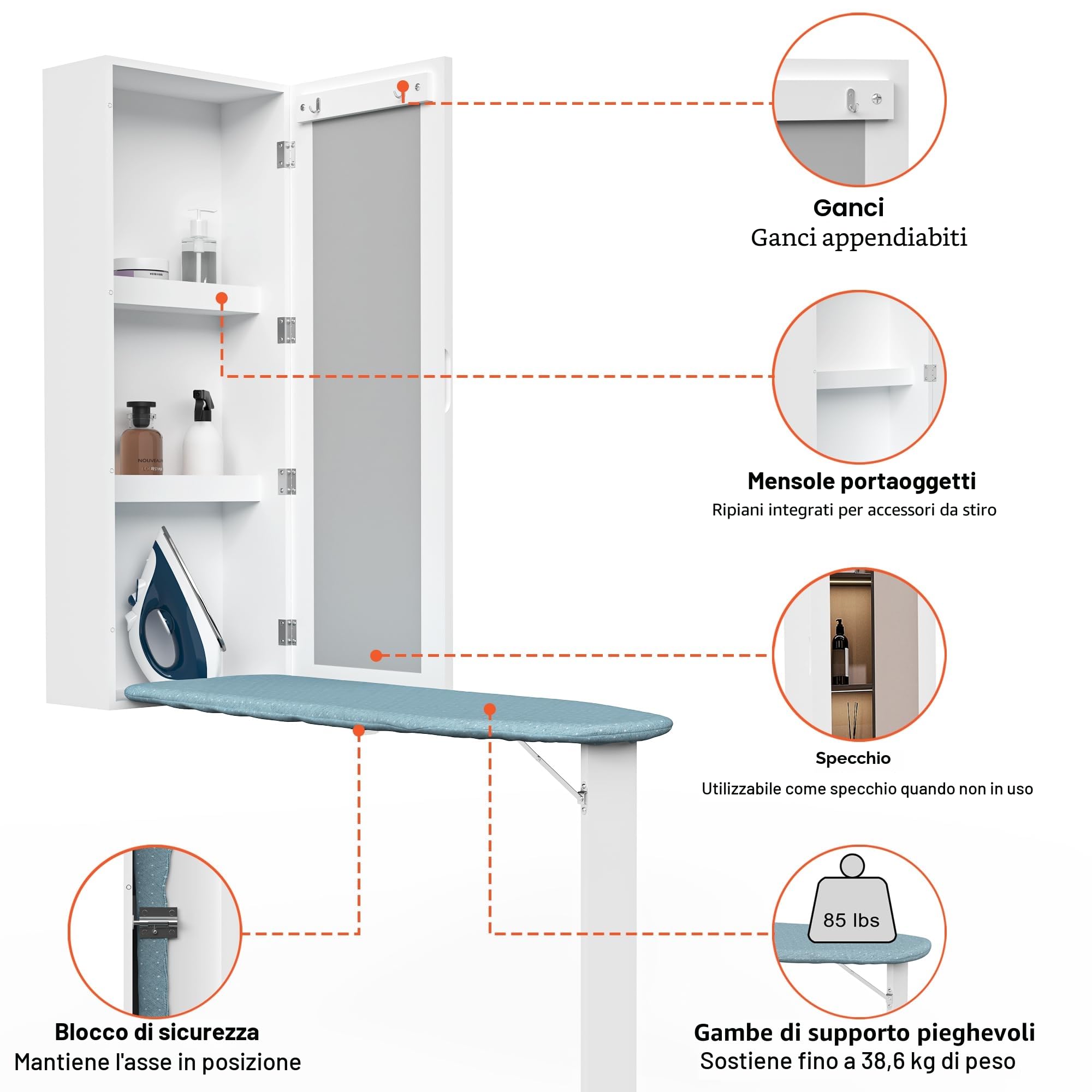 Armadietto per asse da stiro a muro con deposito per ferro da stiro, centro da stiro incorporato, asse da stiro da appendere per il bucato, gamba pieghevole e specchio