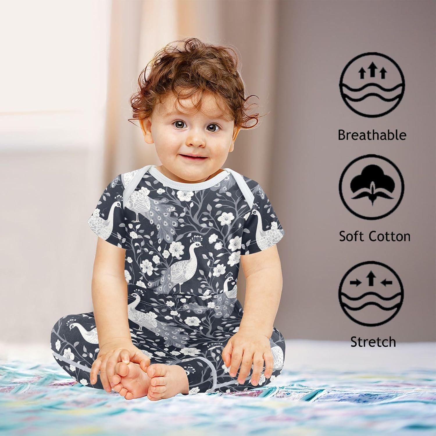 vvfelixl Baby Clothes Peacocks Flower Baby Bodysuits Set Unisex Short Sleeve Babys Pants Sets 0-3M