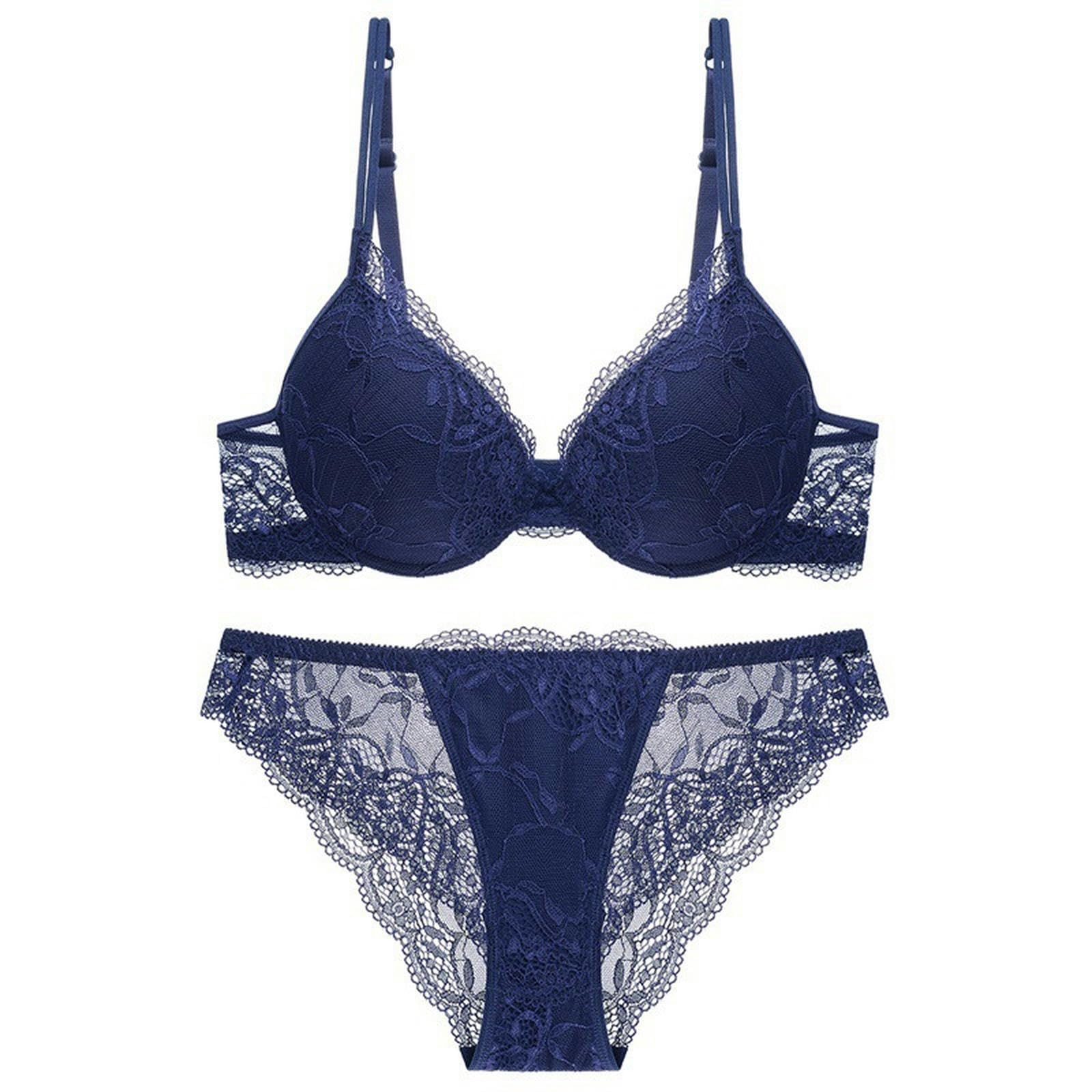 unterwäsche Frauen sexy Set Sexy Spitze Unterdraht Push Up Strumpfband Gürtel Dessous -Set Für Frauen, Die Bra Und Planty2 Stück-dunkelblau-75a
