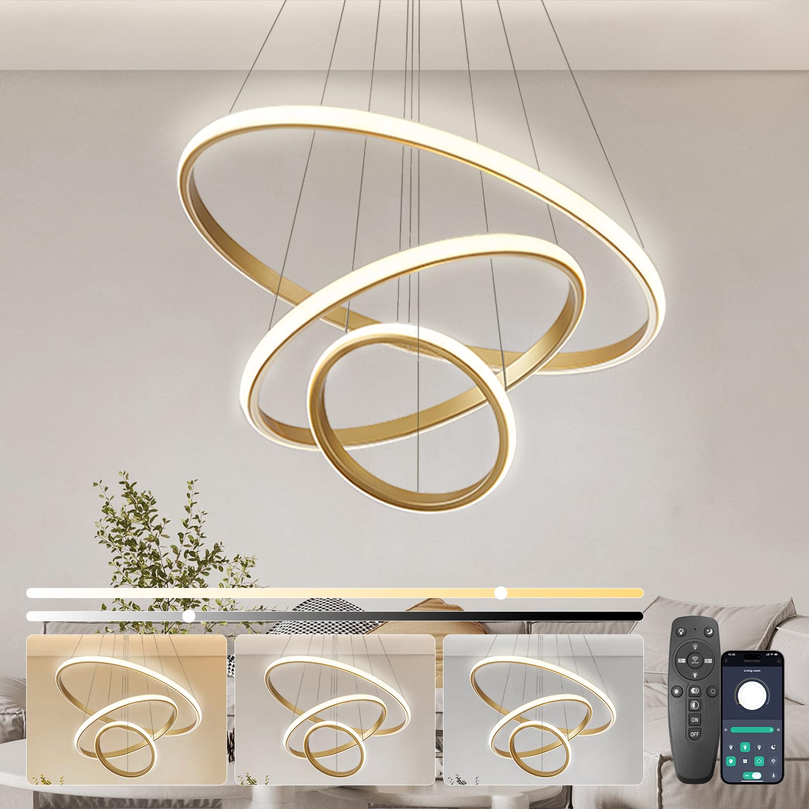 KSIBNW Lámpara Colgante LED Moderna 45W, Lámpara de Techo Salon 3 Anillos Moderna Regulable 2700K-6500K, Iluminación de Techo con Control Remoto & Control APP Lámpara Araña Oro para Comedor Dormitorio