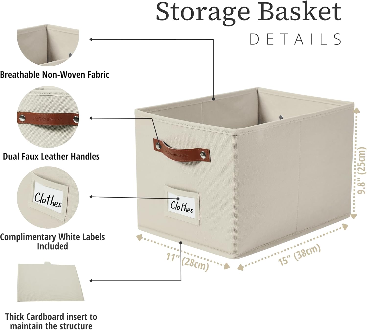 DECOMOMO Storage Baskets for Shelves - Large 15"x11"x10" Foldable Fabric Storage Bins, Baskets for Organizing with Labels (Beige, 4pcs) - Image 3