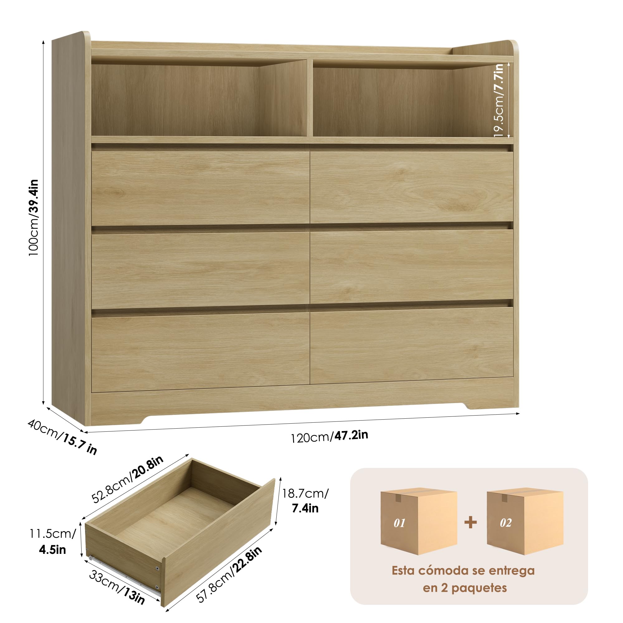 FOREHILL Comodas y Cajoneras Dormitorio Roble Anch. 120 cm Cajonera Armario Interior Comoda 6 Cajones 2 Compartimentos Abiertos para Salón Dormitorio Pasillo 120x40x100 cm