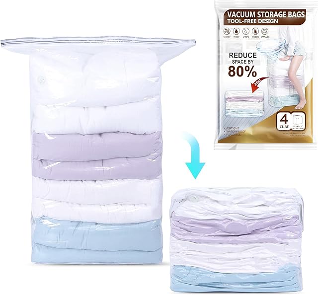 Amazon Brand - Umi Cube Vacuum Storage Bags for Clothes, 4 Pack 80×100×38cm, Jumbo Vacuum Pack Storage Bags for Duvets, Quilts, Blankets, Travel or Moving, Save 80% Space Vacuum Bags