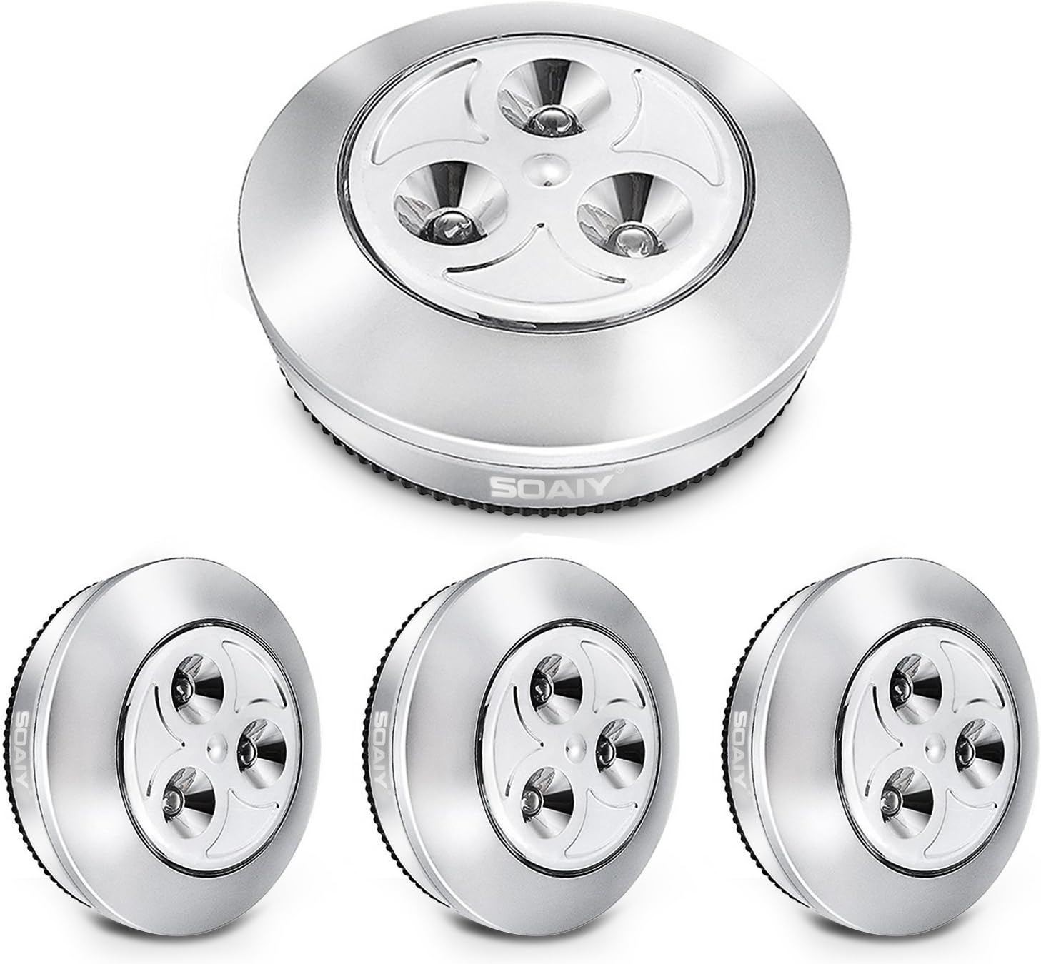 SOAIYUpgraded Strong Sticky Stick-On LED Push Light Battery-Powered Touch Tap Night Lamp for Closet, Counter, Attic, Garage, Car, Shed, Storage Room and More, (Silver, 4pcs)