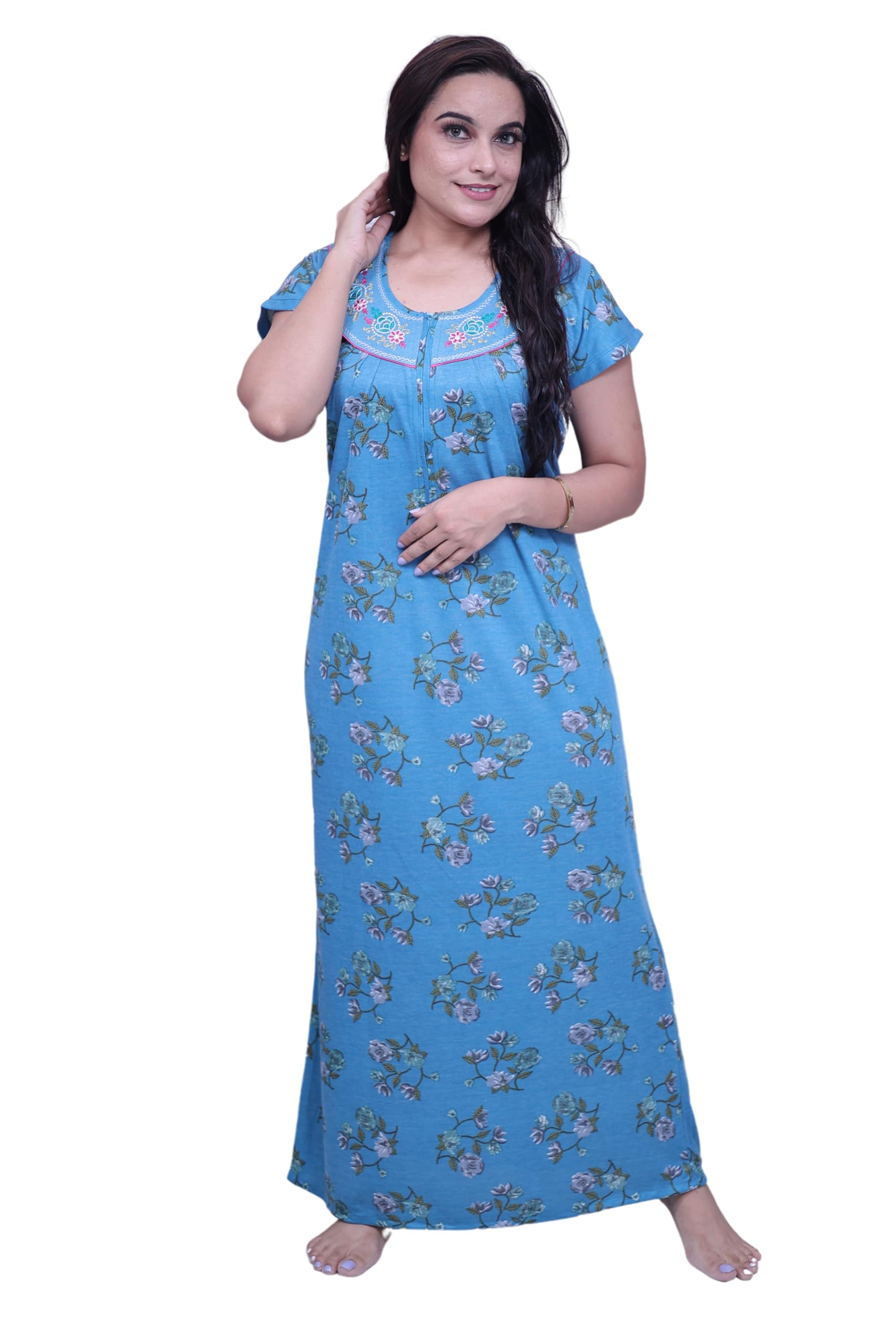 for you for me Cotton Hosiery Nighty Night Gown for Women, Short Sleeves Maxi Dress - Women's Cotton Blend Hosiery Ankle Length Printed Nighty Night Dress Gown-picture-1