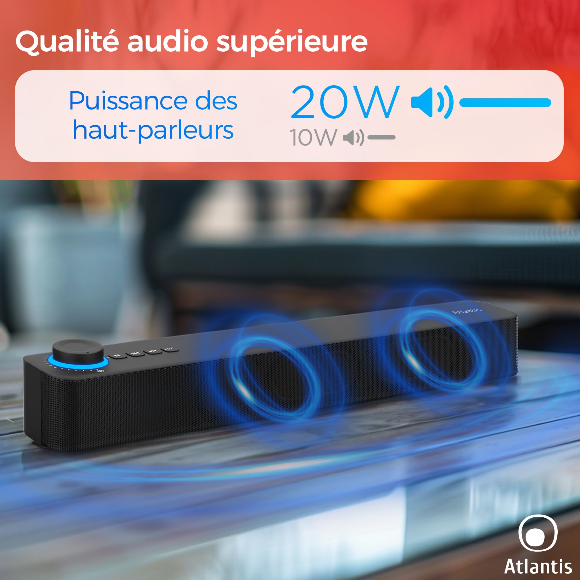 ATLANTIS Soundbar PC 20 W Bluetooth 5.3 Radio FM Noir 420 x 60 x 74 mm