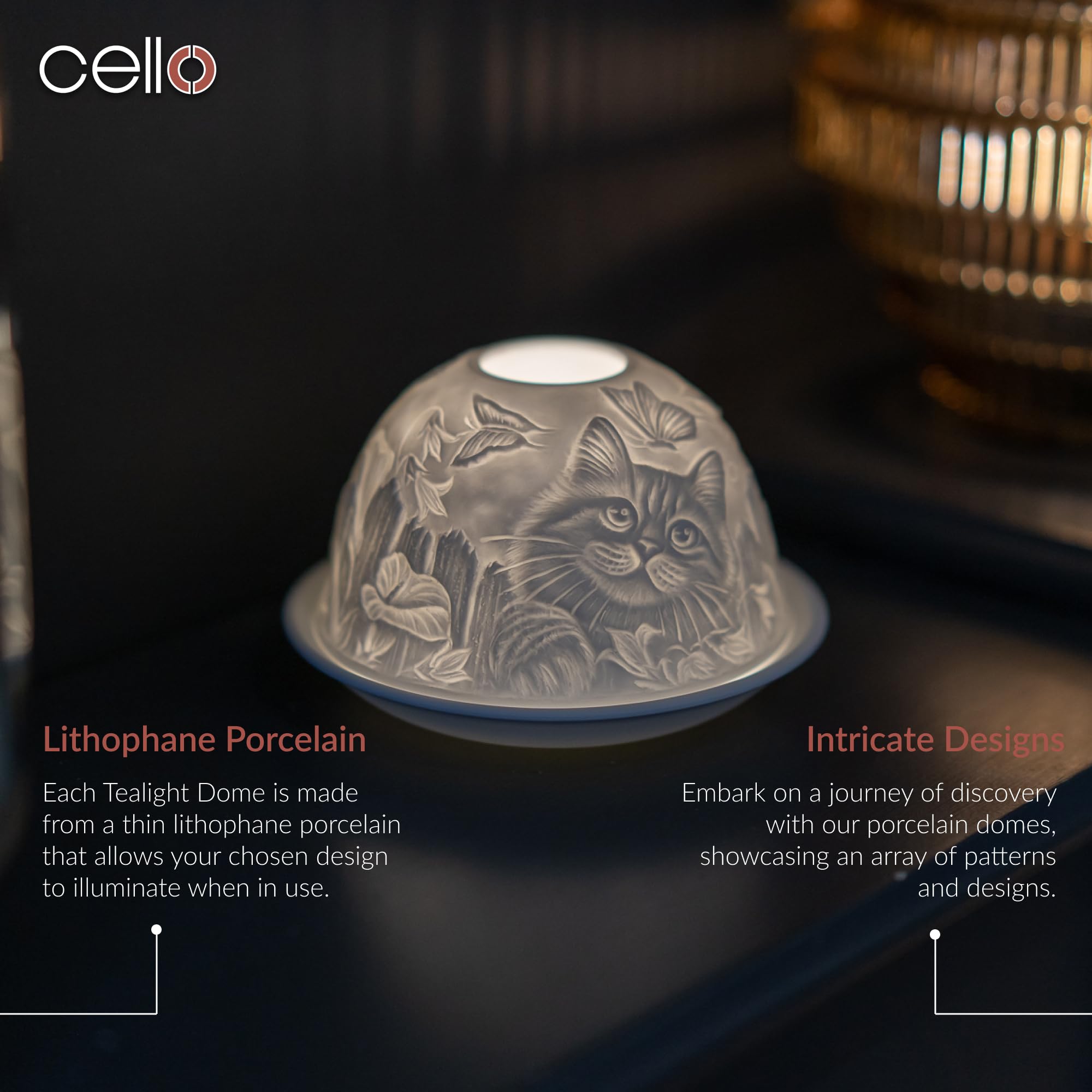 Cello Porcelain Tealight Holder Dome - Cat Design Design with 3D Projection Image & Message Scented Unscented LED Candle Wax Warmer Animal Lovers Nature Gifts Ornament Home for Women Mom Easter