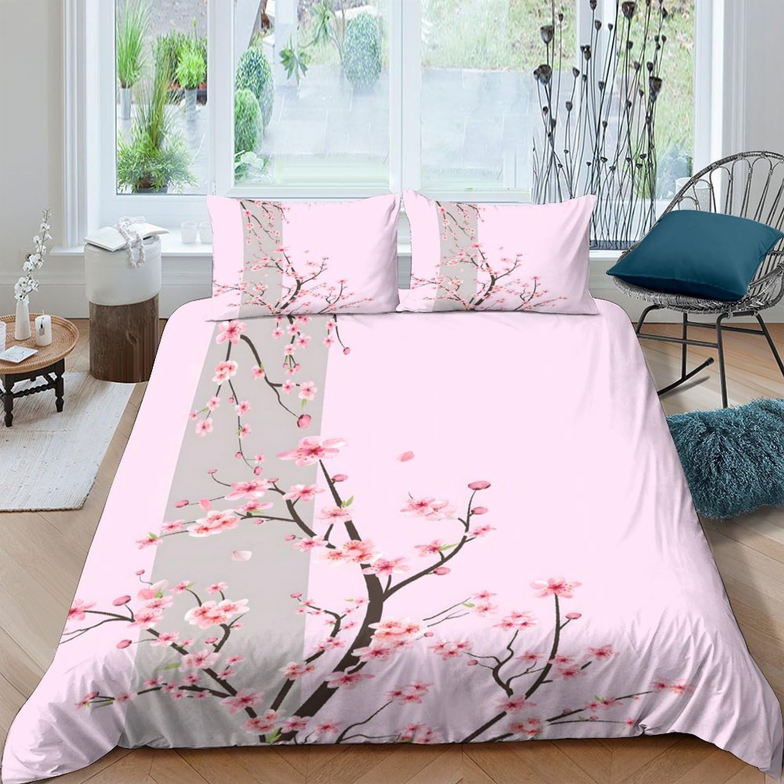 GPLZQXKJNH 3D Printed Sakura Blossom Duvet Cover Set Microfiber Breathable Pink Plum Branch Bedding with 2 Pillowcases for Bedroom Single（135x200cm）