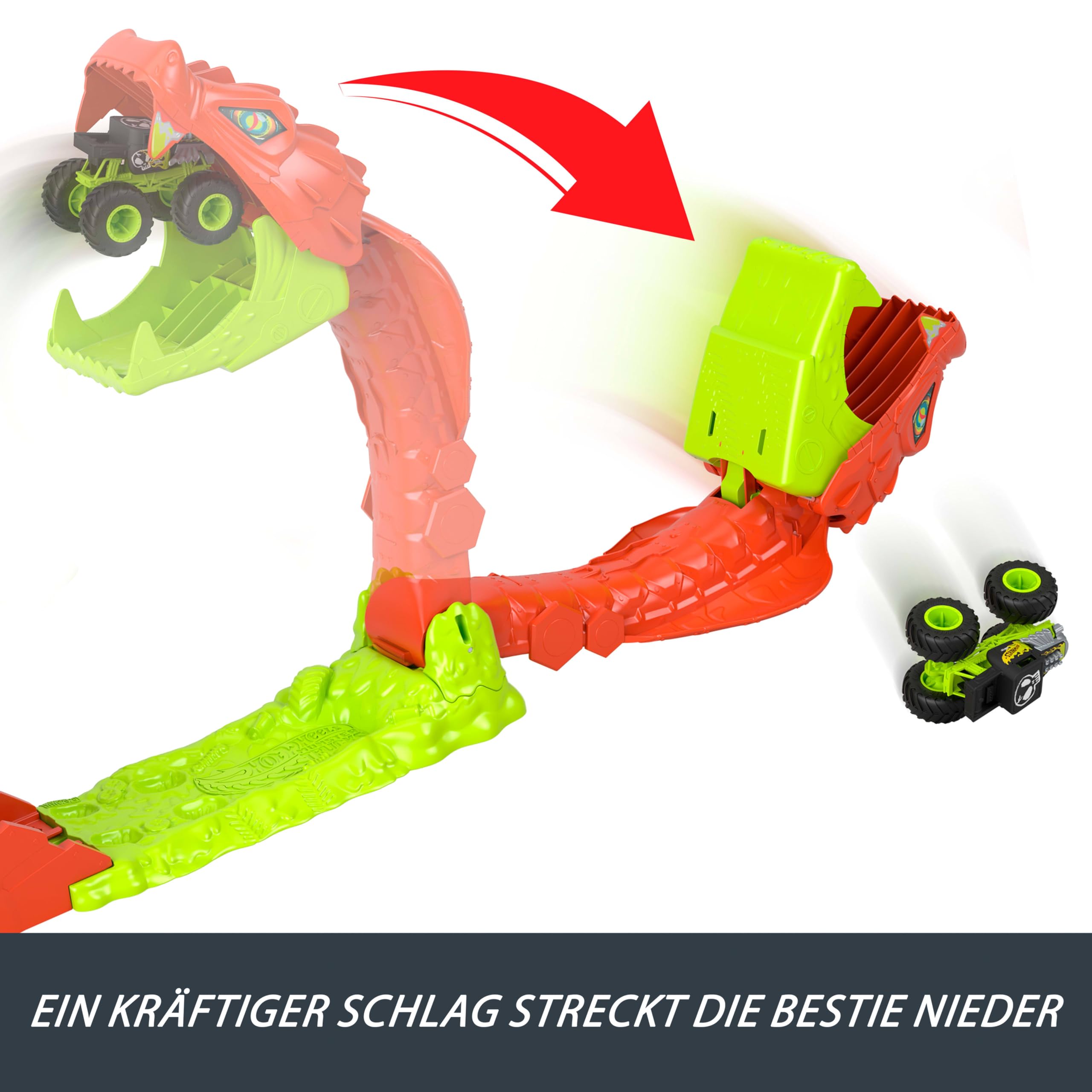 Hot Wheels Monster Trucks Spielset, Snake Slam Takedown Trackset mit exklusivem Bone Shaker Spielfahrzeug im Maßstab 1:64, mit Track, JJN44