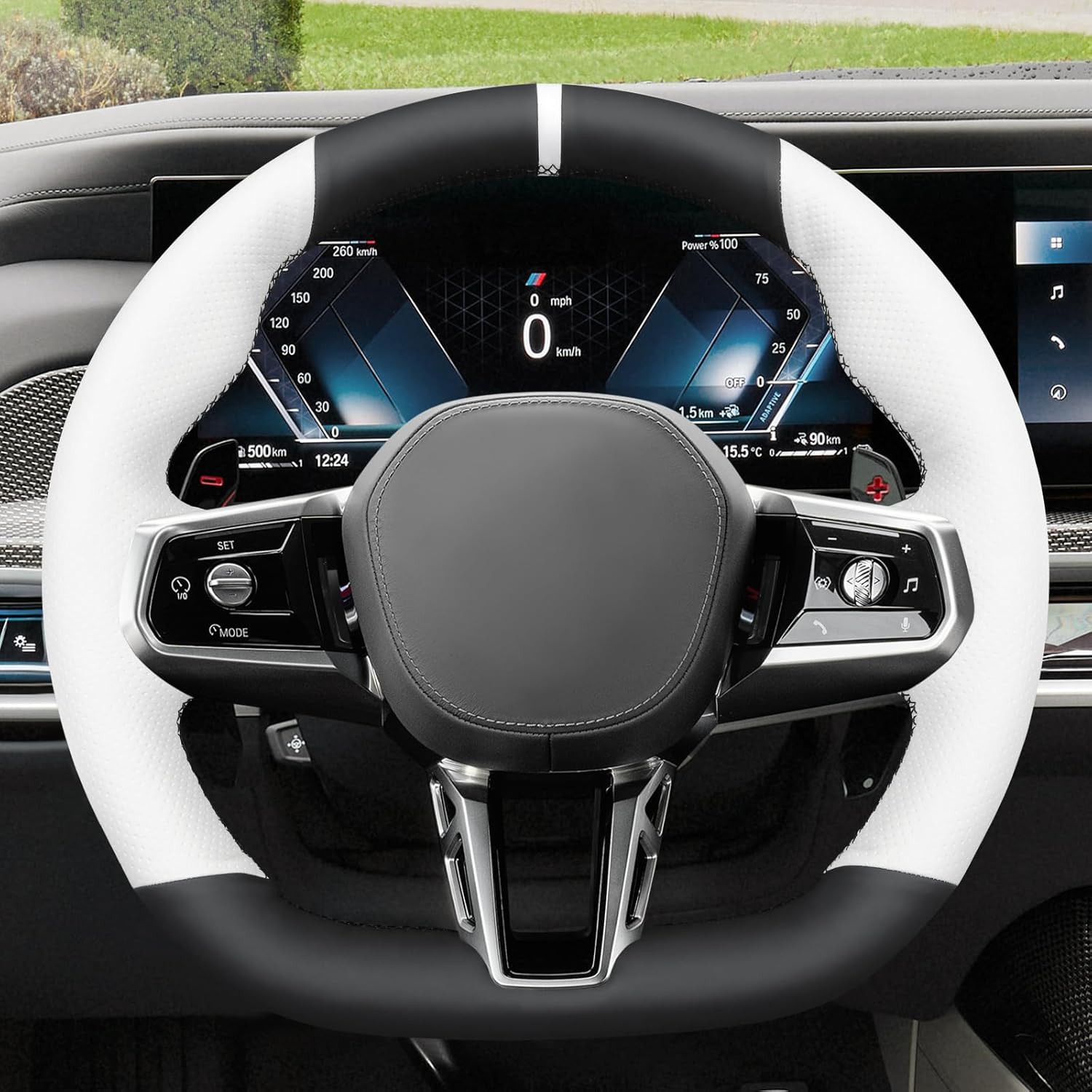 MEWANT Hand Stitch Car Steering Wheel Wrap Cover for 5 Series G60 2024/7 Series G70 2023-2025/i5 G60 2024/i7 G70 2023-2025 Steering Wheel Accessories