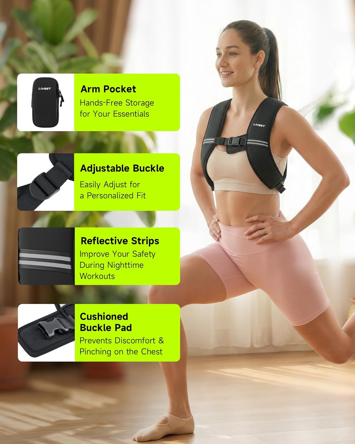 Weighted Vest, Weight Vest for Women Men, 5/10/15 lb Washable Silicone Soft Iron Workout Vest with Reflective Strips & Arm Pocket, Ultra Thin Fitness Vest for Training Walking Yoga