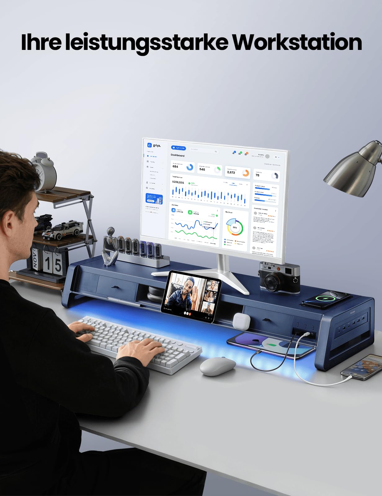 VAYDEER Monitorständer 2 Monitore Bildschirm Stand [Multi-USB] [Handy-Ständer] [Schublade] [Kabel Organizer] [4 LED Modi] Schreibtisch Erhöhung Zubehör Tischaufsatz für Laptop Computer 50kg (Weiß)